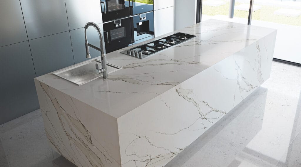 Unique Calacatta By Metroquartz Aaa, White Quartz Countertops With Grey And Gold Veins
