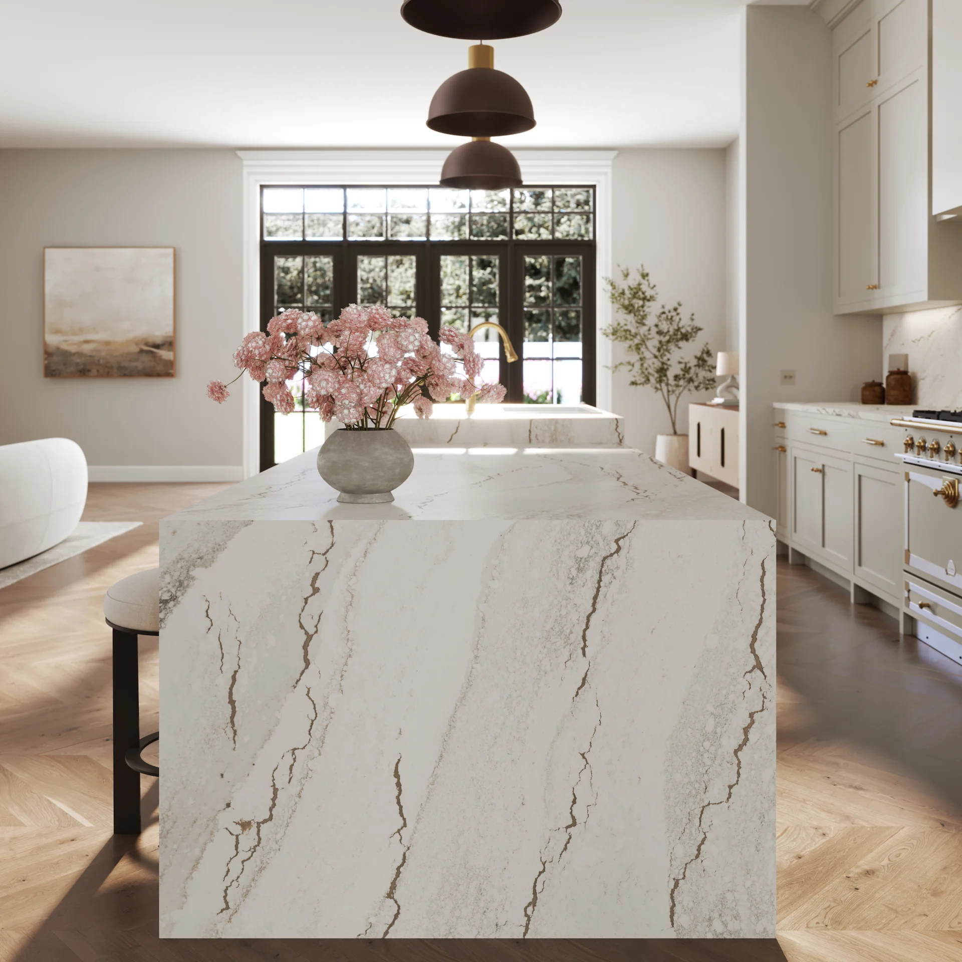 Kitchen countertop with marbled quartz Kitchen countertop with marbled quartz